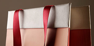High-quality paper carrier bag with satin ribbons and edge cover on the outside
