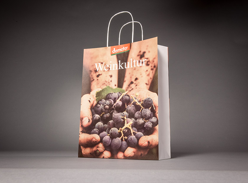 Printed paper bag with paper cord, grapes motif