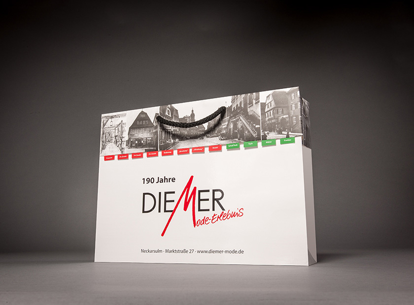 Printed paper carrier bag with detachable coupon, DIEMER logo