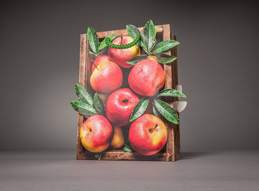 Individually stamped paper bag with printing, appels motif
