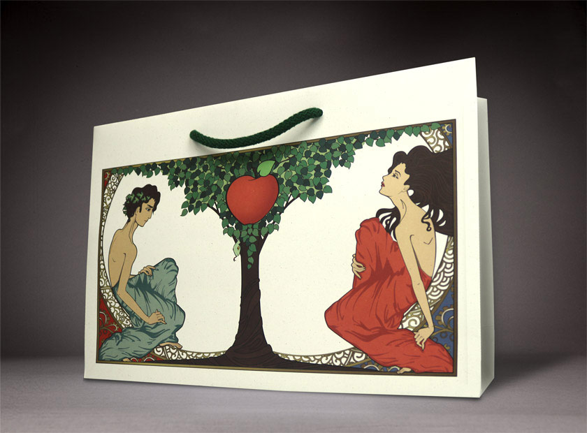 Environmentally friendly printed paper bag made from apple paper, Adam motif