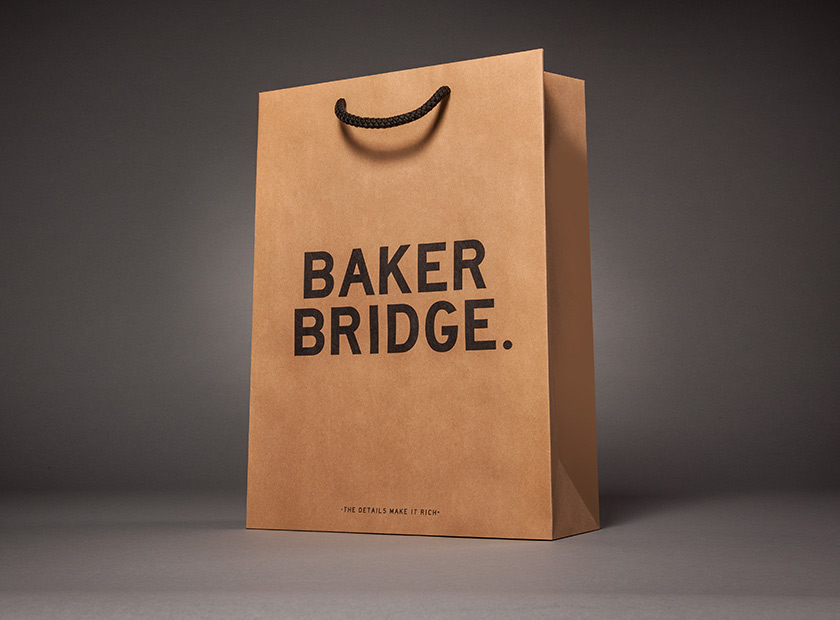 Environmentally friendly printed paper bag made from kraft paper, Baker Bridge logo