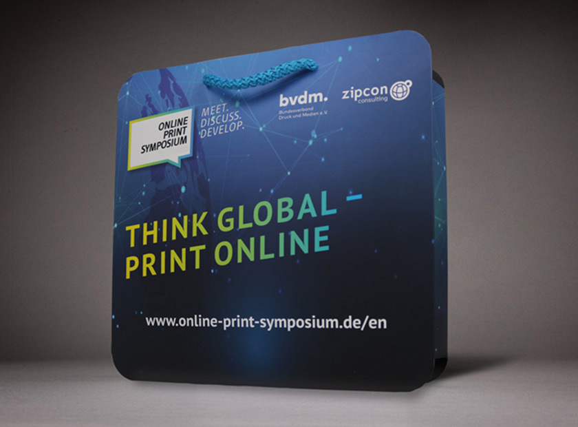 Printed paper bag with cord and rounded corners, Online Print Symposium motif