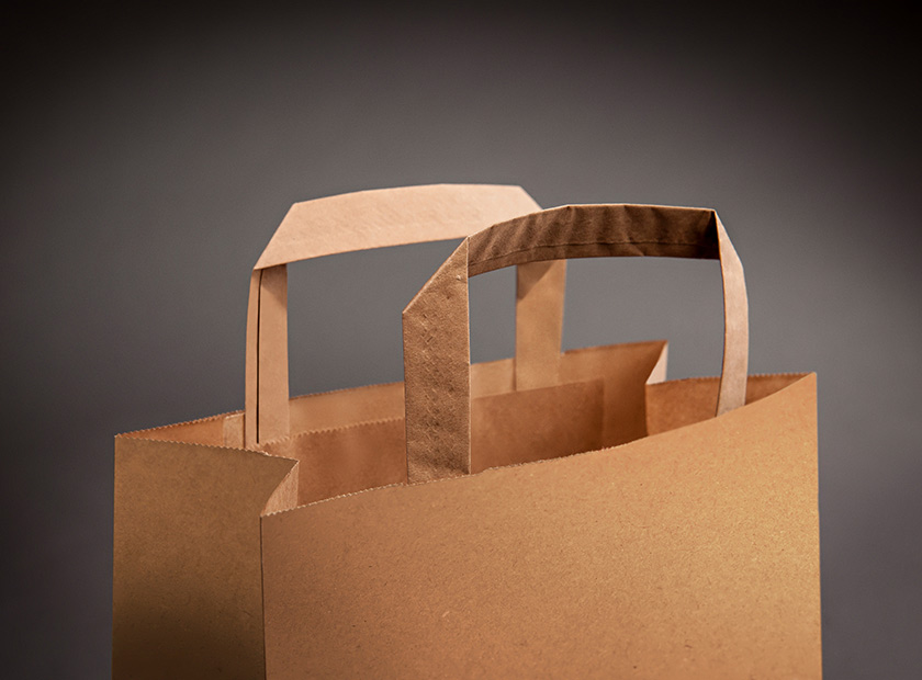 Printed paper bag with flat handle, brown