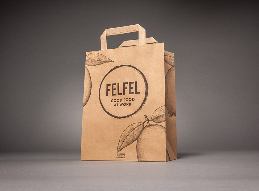 Printed paper bag with flat handle, FELFEL motif