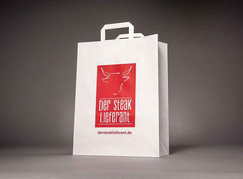 Printed paper bag with flat handle, Der Steak Lieferant logo