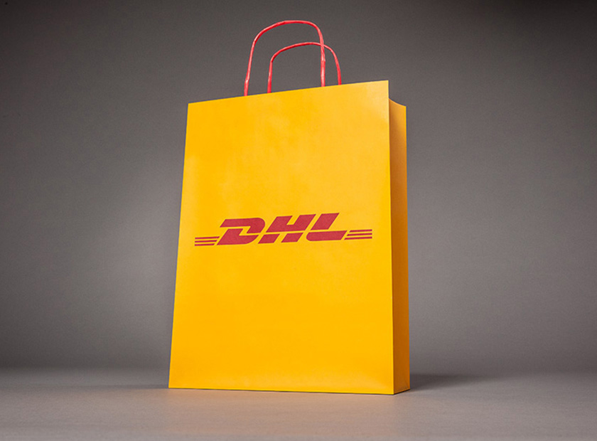 Printed paper bag with paper cord, DHL motif