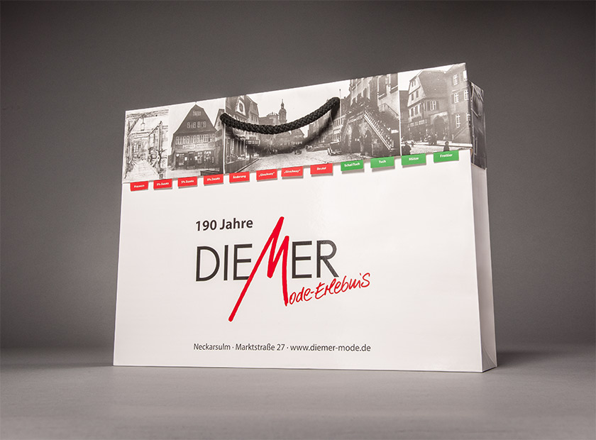 Printed paper carrier bag with detachable coupon, DIEMER motif