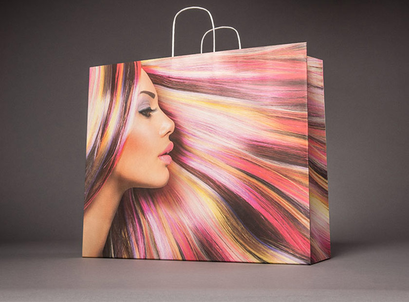 Printed paper bag with paper cord, coloured hair motif