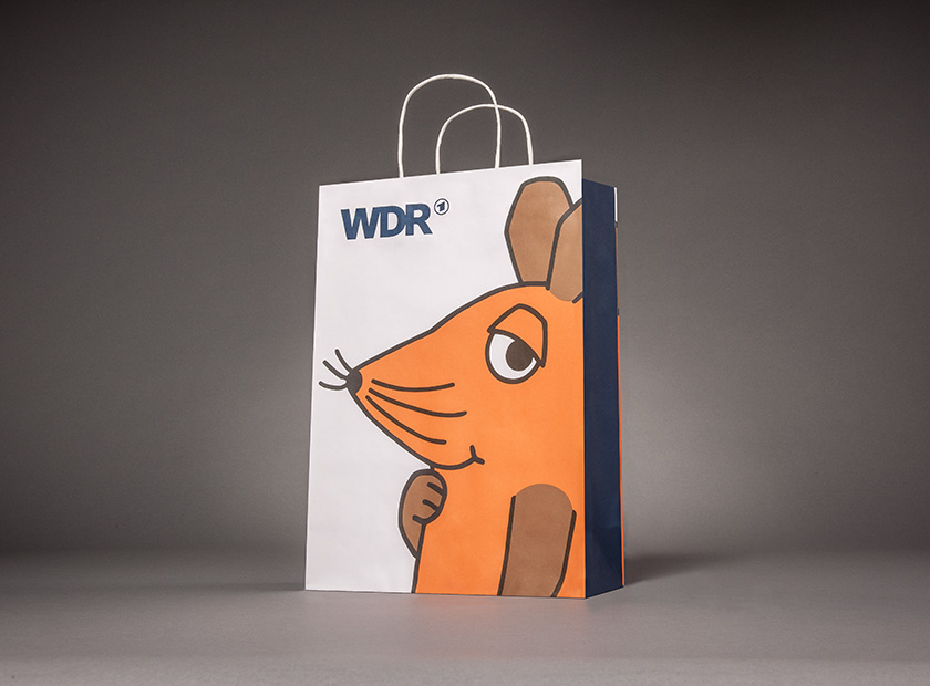 Printed paper bag with paper cord, Die Maus logo